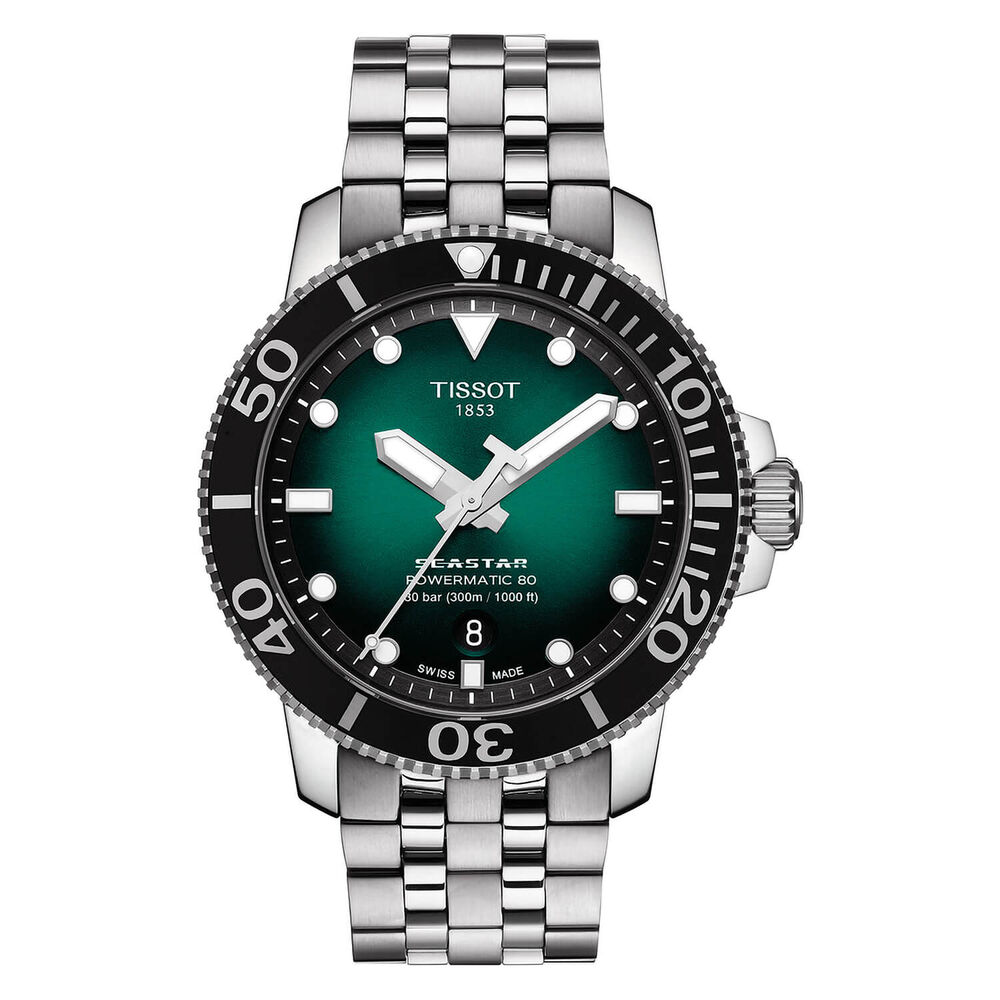Tissot Seastar 43mm Green Dial Black Bezel Steel Case Bracelet Watch image number 0
