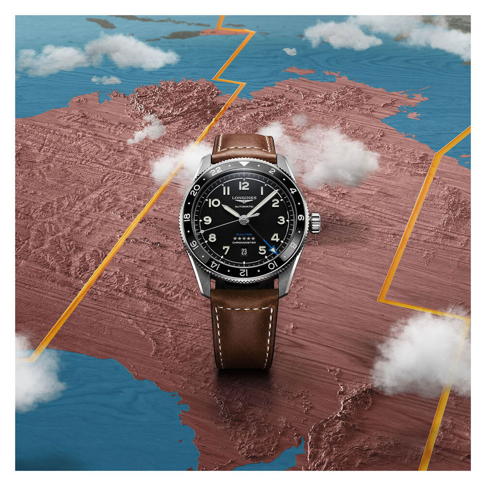 Longines Spirit Zulu 42mm Automatic Black Dial Black Bezel Brown Leather Strap Watch image number 5