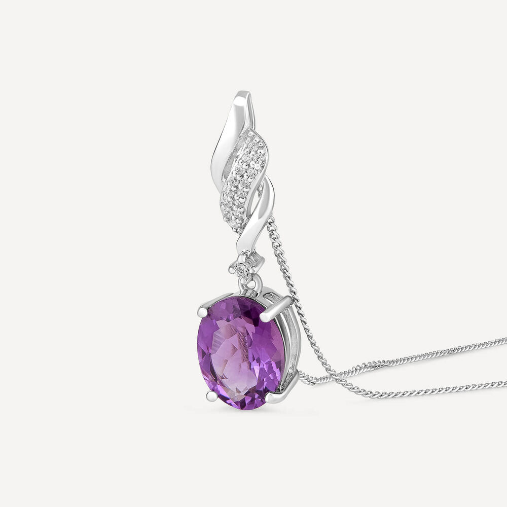 9ct White Gold Oval Amethyst with Diamond and Polished Twist Bale Pendant image number 1