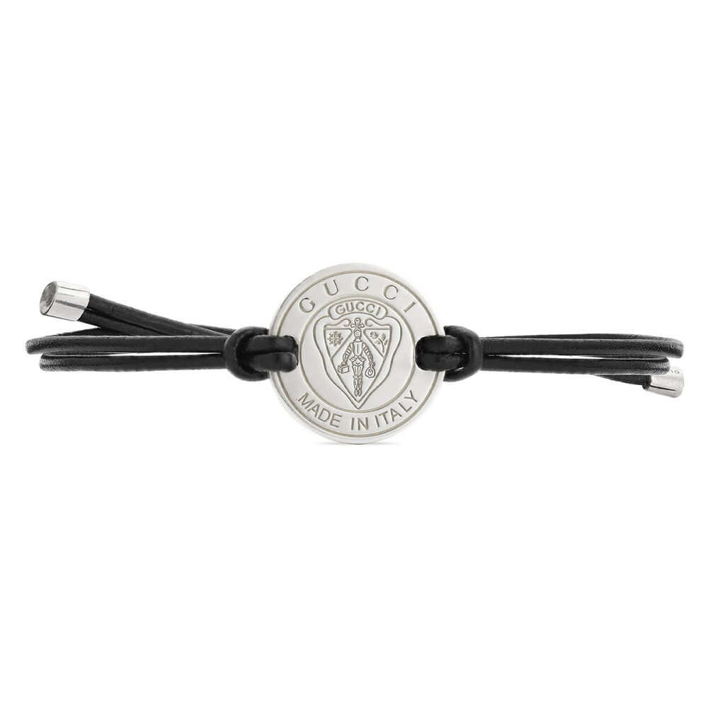 Gucci Crest Black Leather Cord Sterling Silver Disk Bracelet