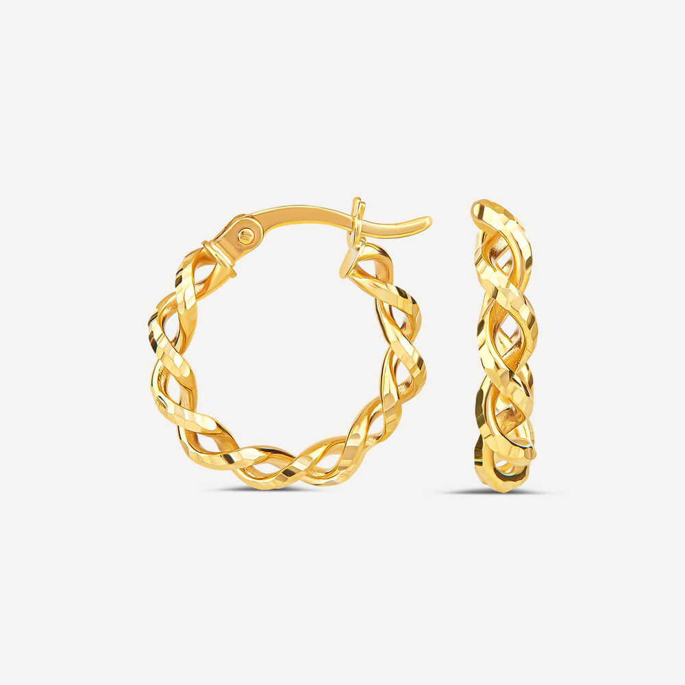 9ct Yellow Gold Diamond Cut Woven Twist Creole Hoop Earrings image number 1