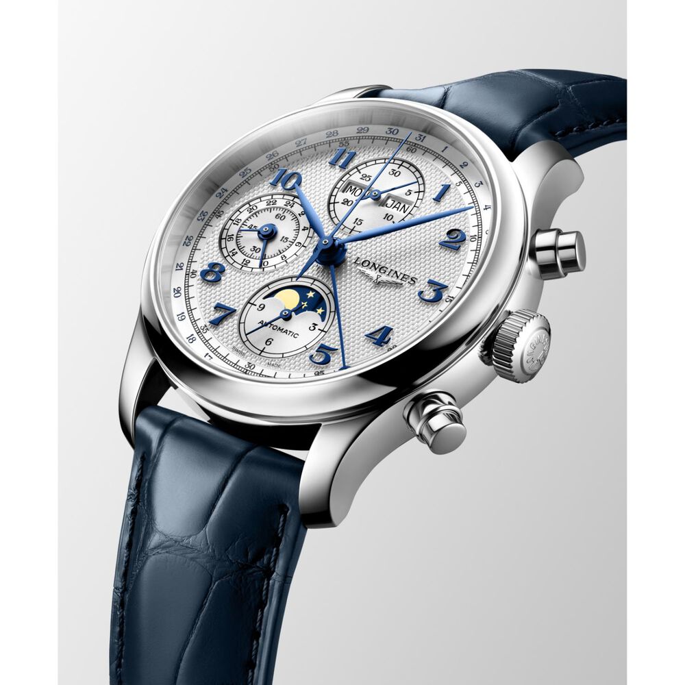 Longines Master Collection Chrono Monopusher 41mm Blue Barleycorn Dial Leather Strap Watch