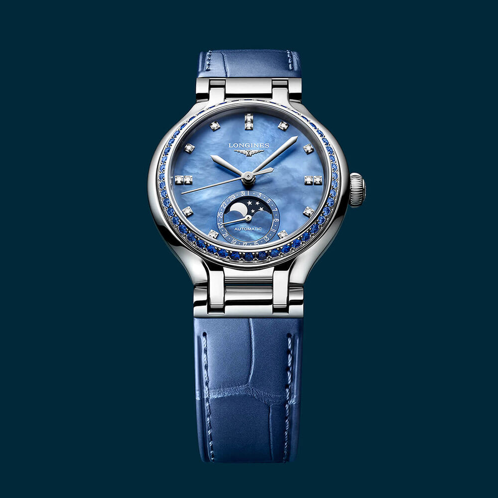 Longines Elegance Primaluna 34mm Blue MOP Dial Diamond Dot & Sapphire Bezel Leather Strap Watch image number 6