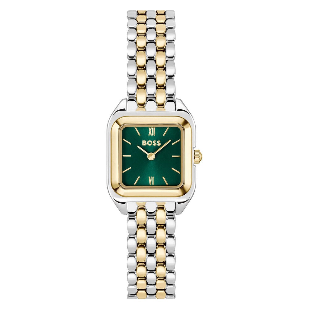 BOSS Mae Petite 22mm Square Green Dial Gold Tone Bezel Steel Bracelet Watch image number 0