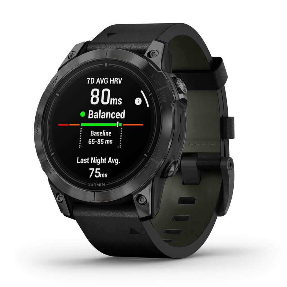 Garmin Epix Pro Gen 2 Sapphire 47mm Carbon Grey DLC Titanium Case Black Leather Strap Watch image number 0