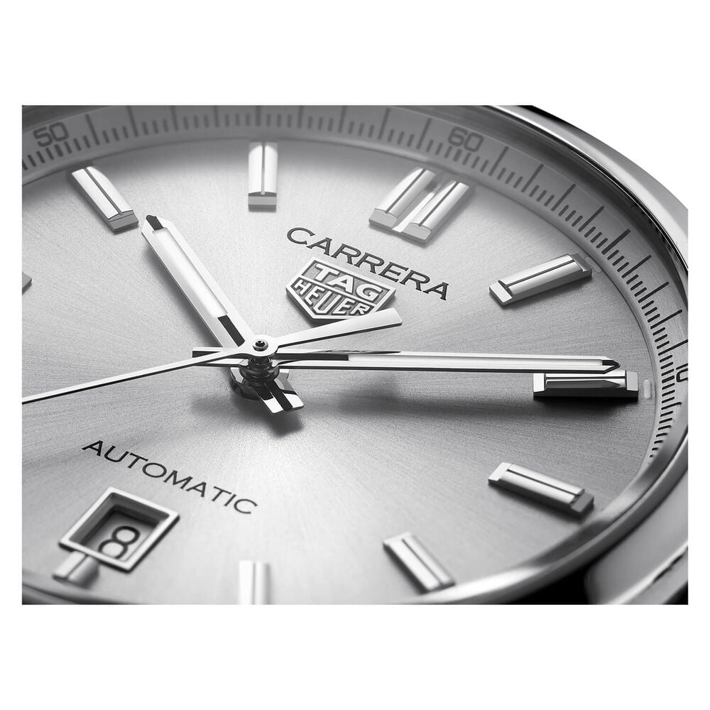 TAG Heuer Carrera Date Automatic 39mm Silver Dial Steel Case Black Leather Strap Watch image number 2