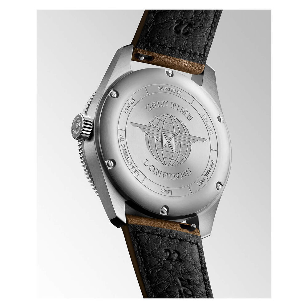 Longines Spirit Zulu 42mm Automatic Black Dial Green Bezel Brown Leather Strap Watch image number 4