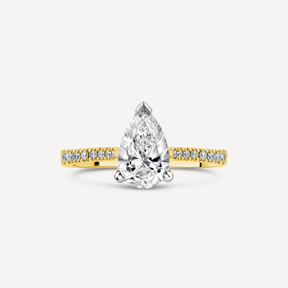 Born 18ct Yellow Gold Lab Grown 1.70ct Pear Solitaire & Diamond Sides Ring image number 1