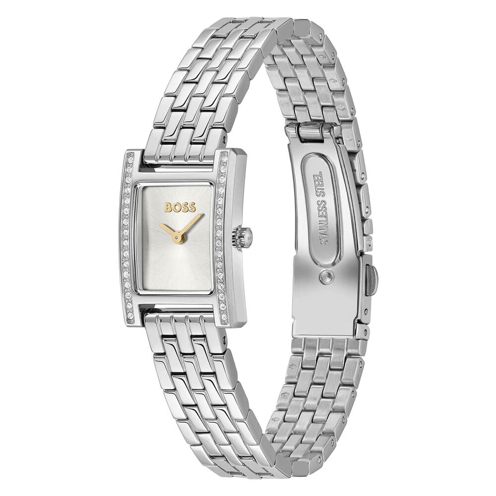BOSS Lucy Precious 18x28mm Rectangular Silver Dial Crystal Bezel Steel Bracelet Watch image number 2