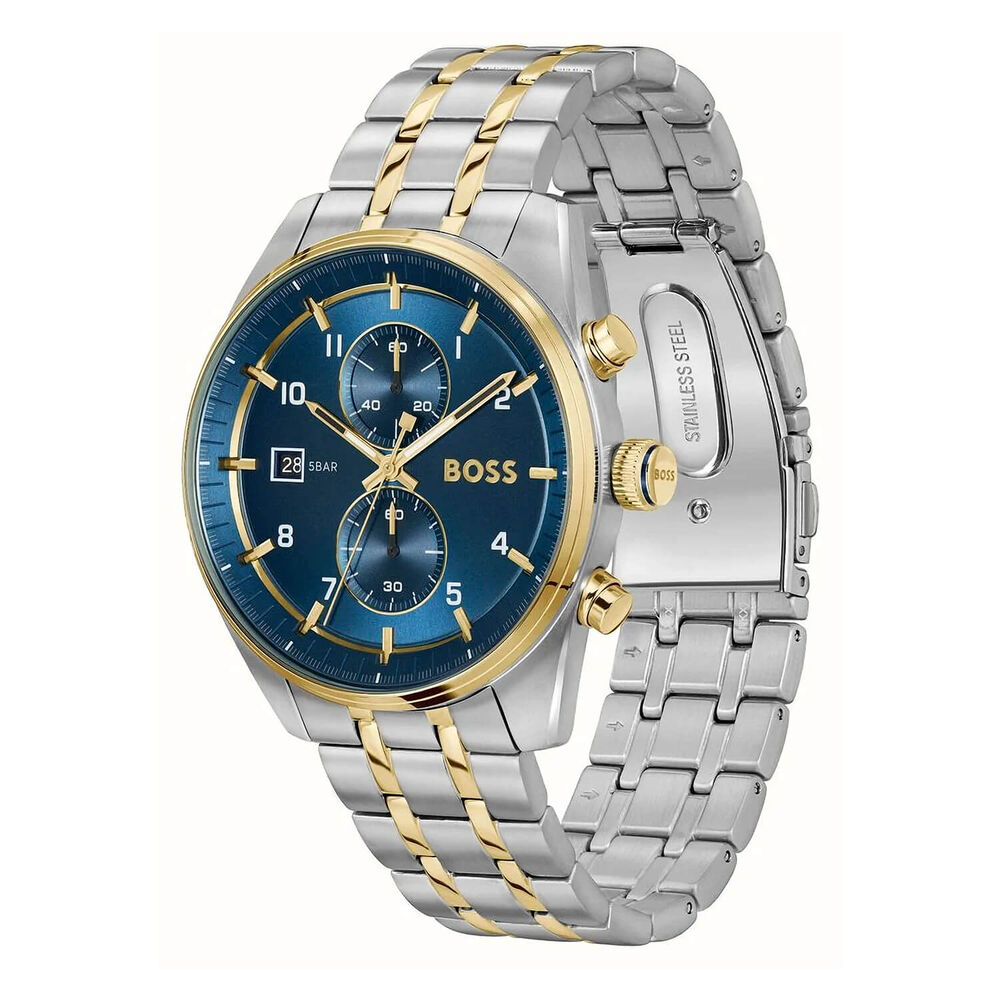 BOSS Skytraveller Chronograph 44mm Blue Dial Gold Tone Bezel & Bracelet Watch image number 1