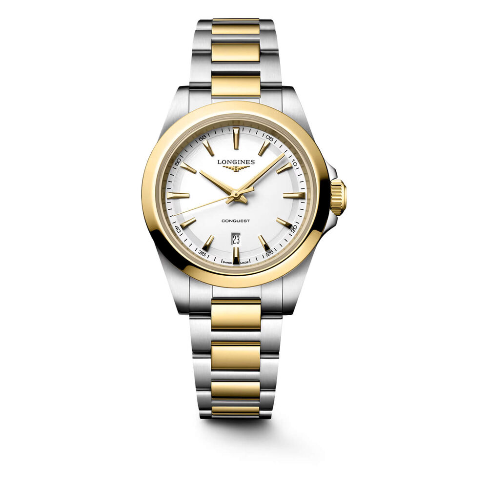 Longines Conquest 30mm White Dial Yellow Gold PVD Steel Bracelet Watch