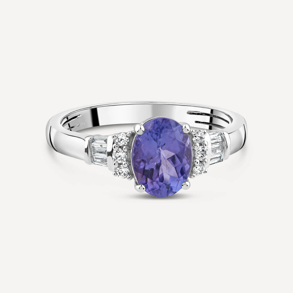 9ct White Gold Oval Tanzanite Centre 0.15ct Diamond Round & Baguette Shoulders Ring image number 2