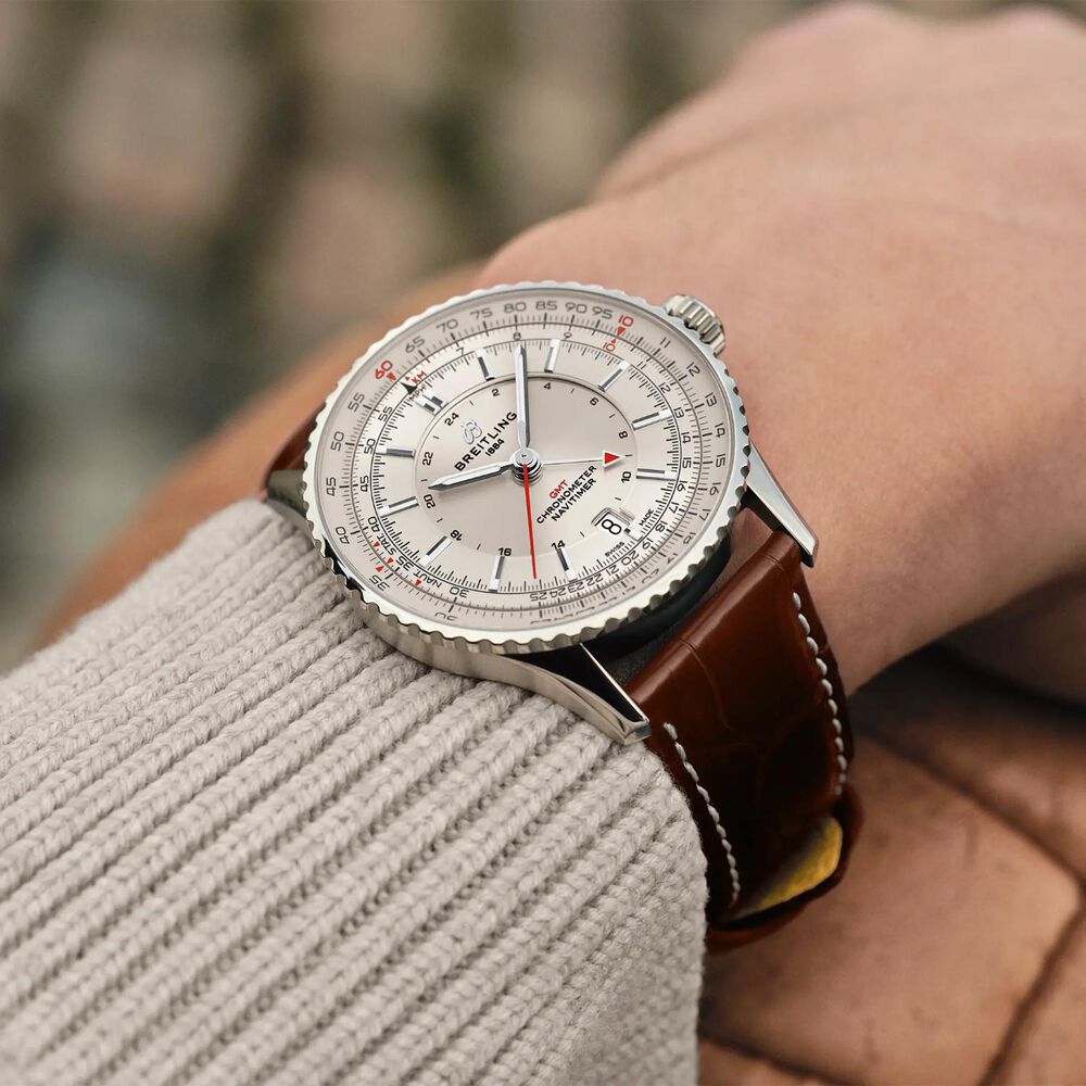 Breitling Navitimer Automatic GMT 41mm Silver Dial Brown Leather Strap Watch image number 4