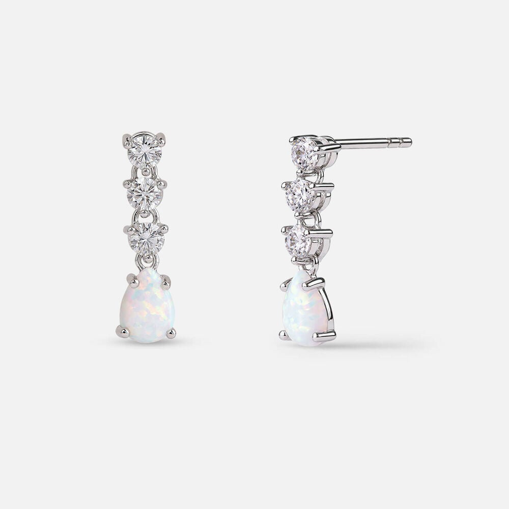 Sterling Silver Pear Opal 3 White Cubic Zirconia Top Drop Earrings