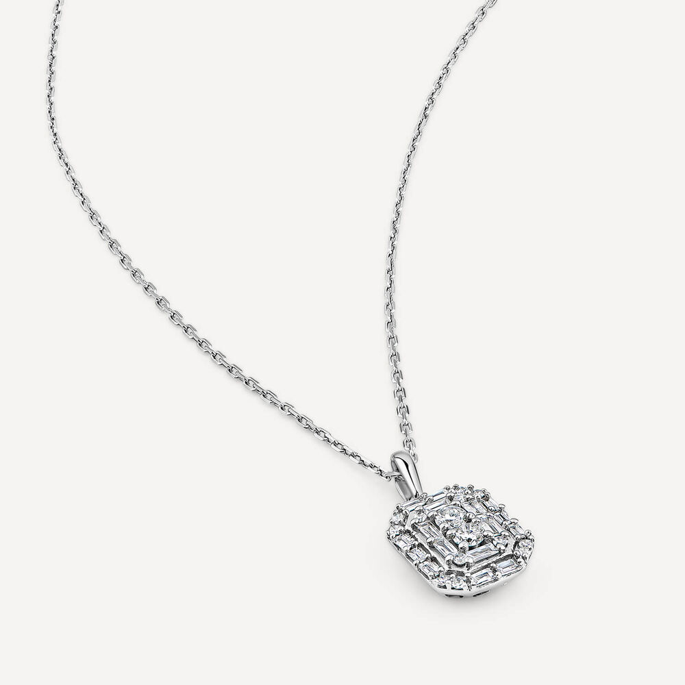 9ct White Gold 0.20ct Octagonal Baguette & Round Cluster Diamond Pendant image number 3