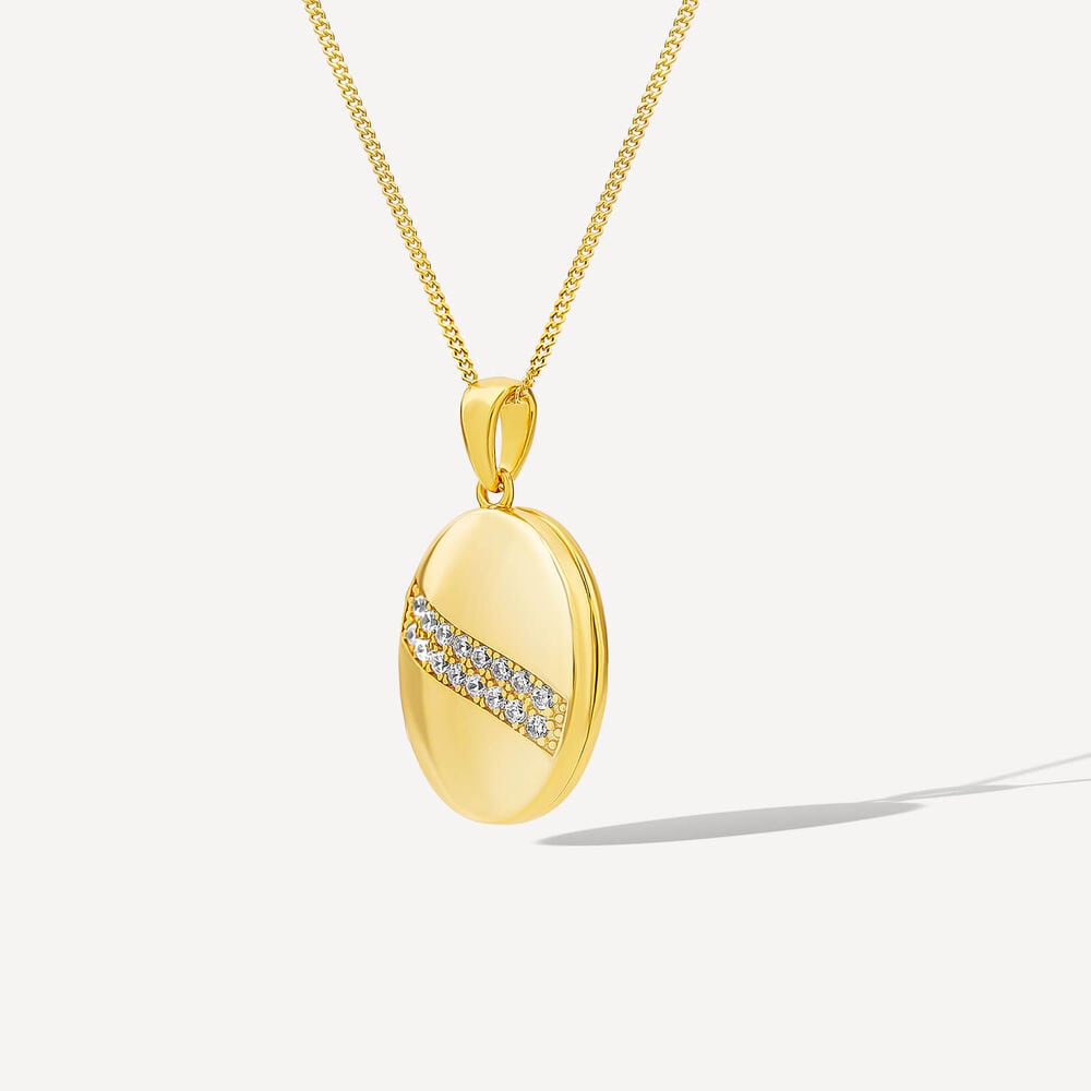 Yellow Gold Plated Sterling Silver Cubic Zirconia Double Row Centre Oval Locket Pendant