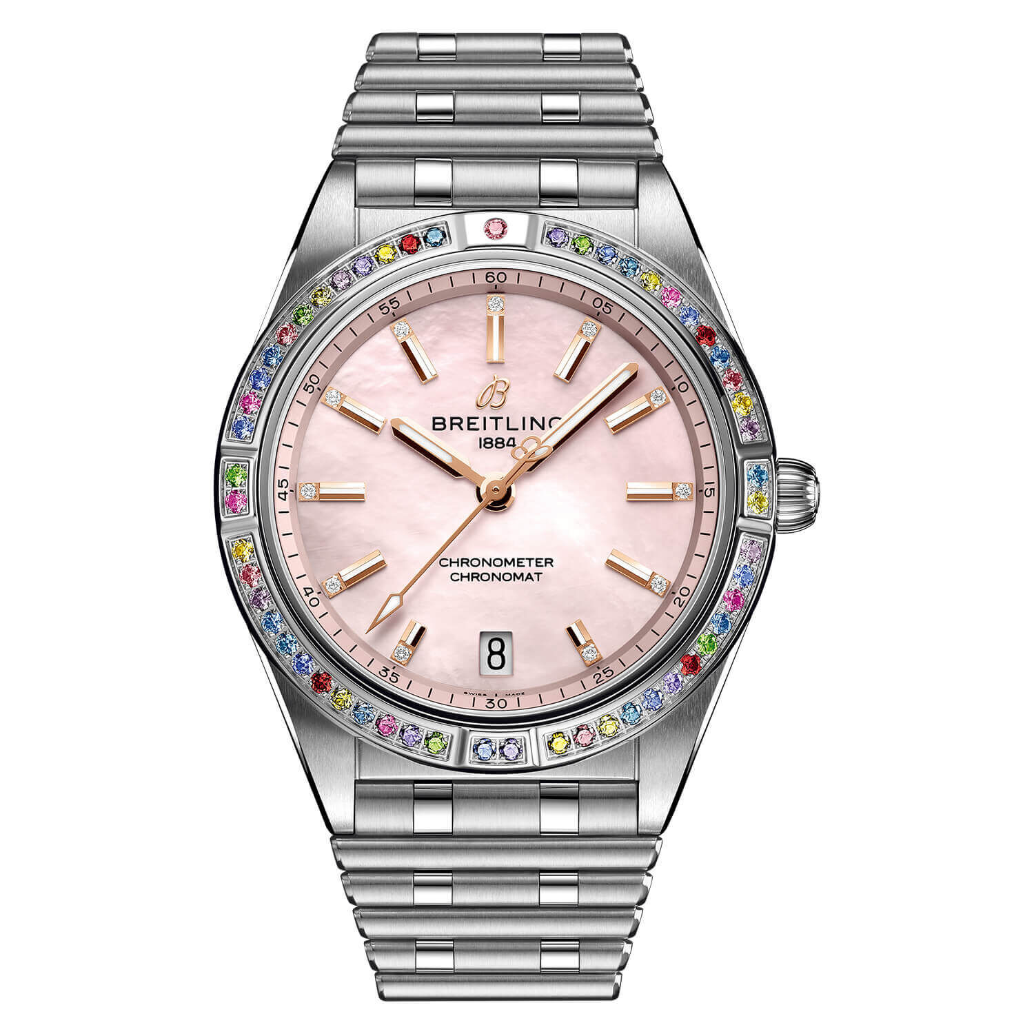 Breitling Chronomat Automatic South Sea 36mm MOP Pink Dial Steel 18k White Gold Bracelet Watch