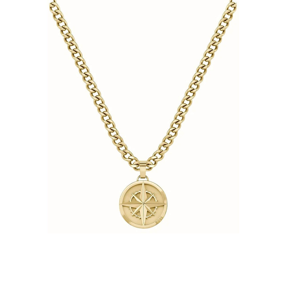 BOSS Gold Tone Compass Pendant Steel Chain Necklace