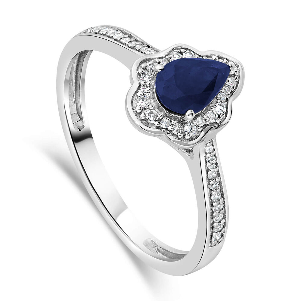 9ct White Gold Pear Sapphire Fancy Diamond Halo Diamond Shoulders 0.09ct Ring