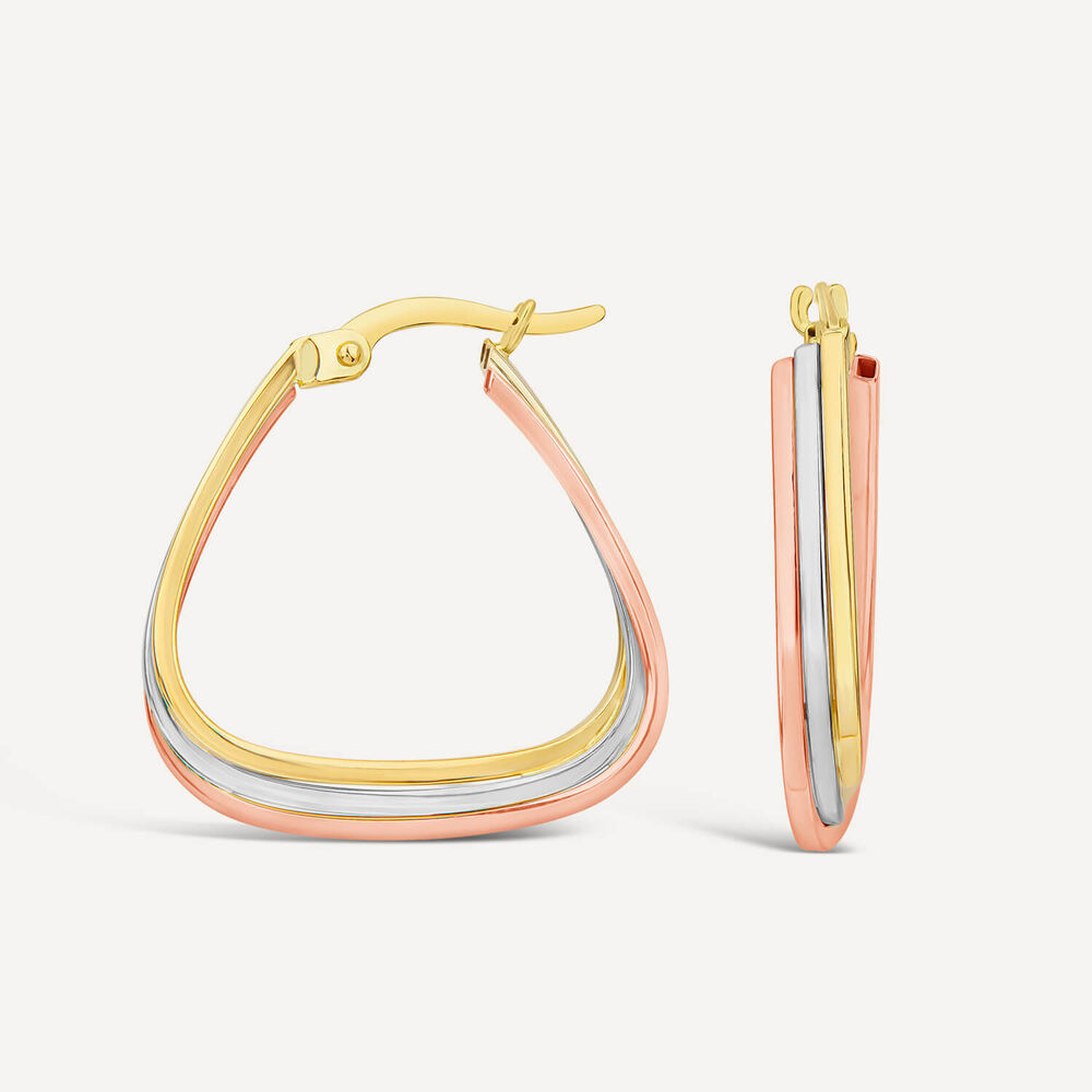9ct Yellow & White Gold 3 Strand Triangle Hoop Earrings image number 1