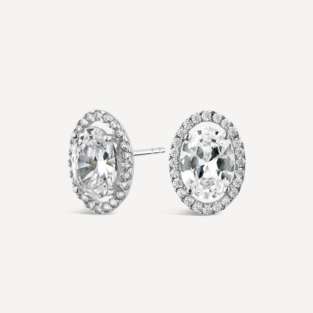 9ct White Gold Large Oval Halo Stud Earrings image number 1