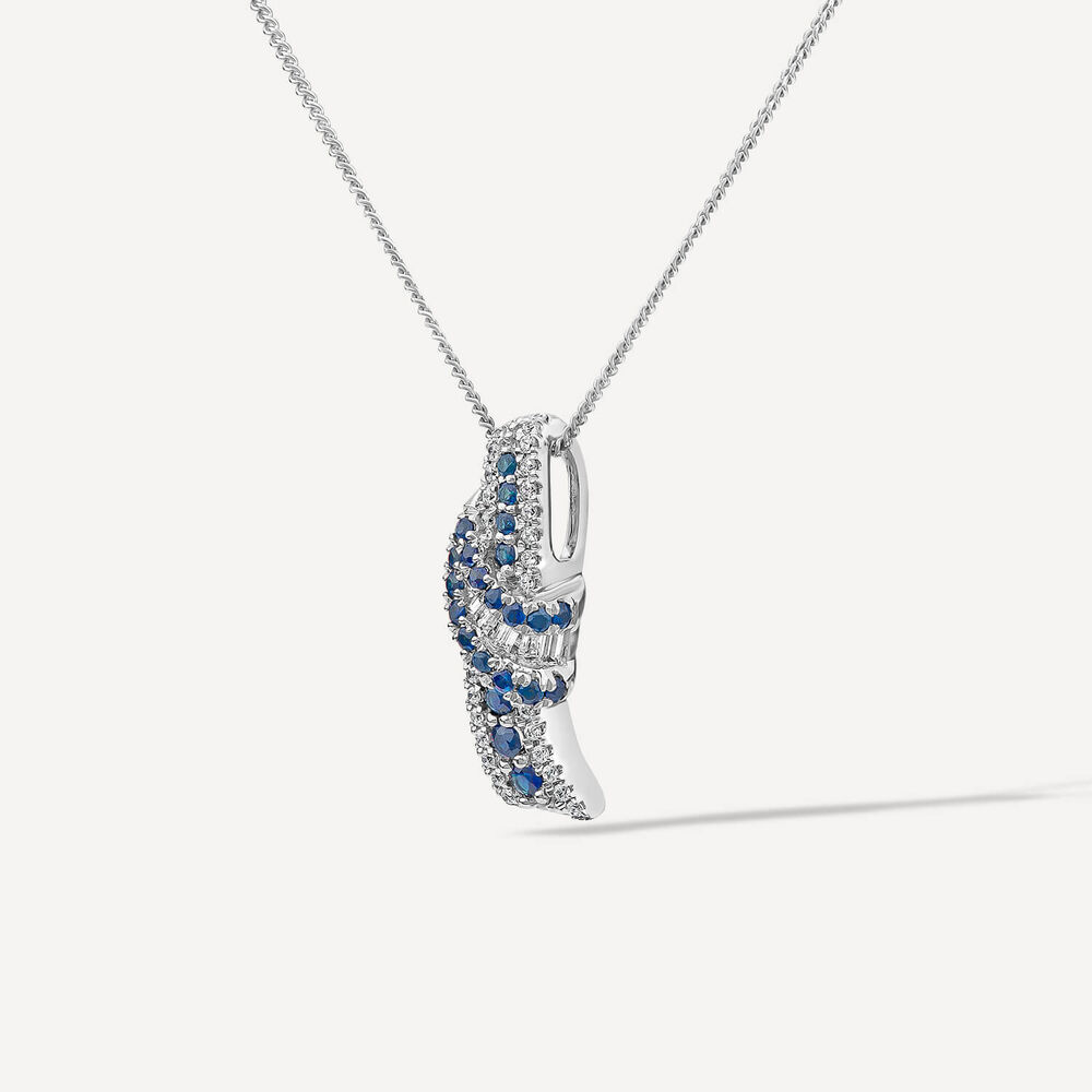9ct White Gold Sapphire & 0.13ct Diamond Baguette Centre Wave Pendant