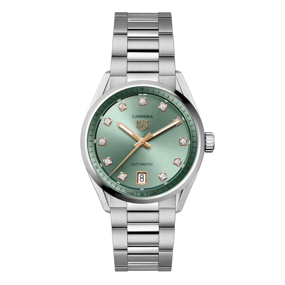 TAG Heuer Carrera Date 36mm Green Dial Diamond Dots Steel Bracelet Watch image number 0