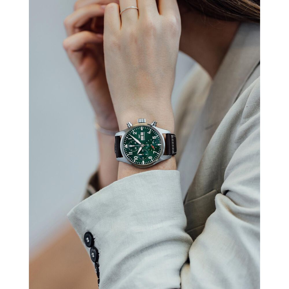 IWC Schaffhausen Pilot's Chronograph 41 Green Dial Steel Case Brown Leather Strap image number 6