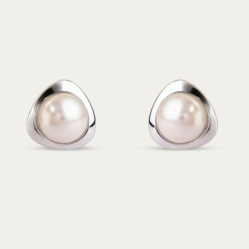 Sterling Silver Freshwater Pearl in Polished Triangle Stud Earrings