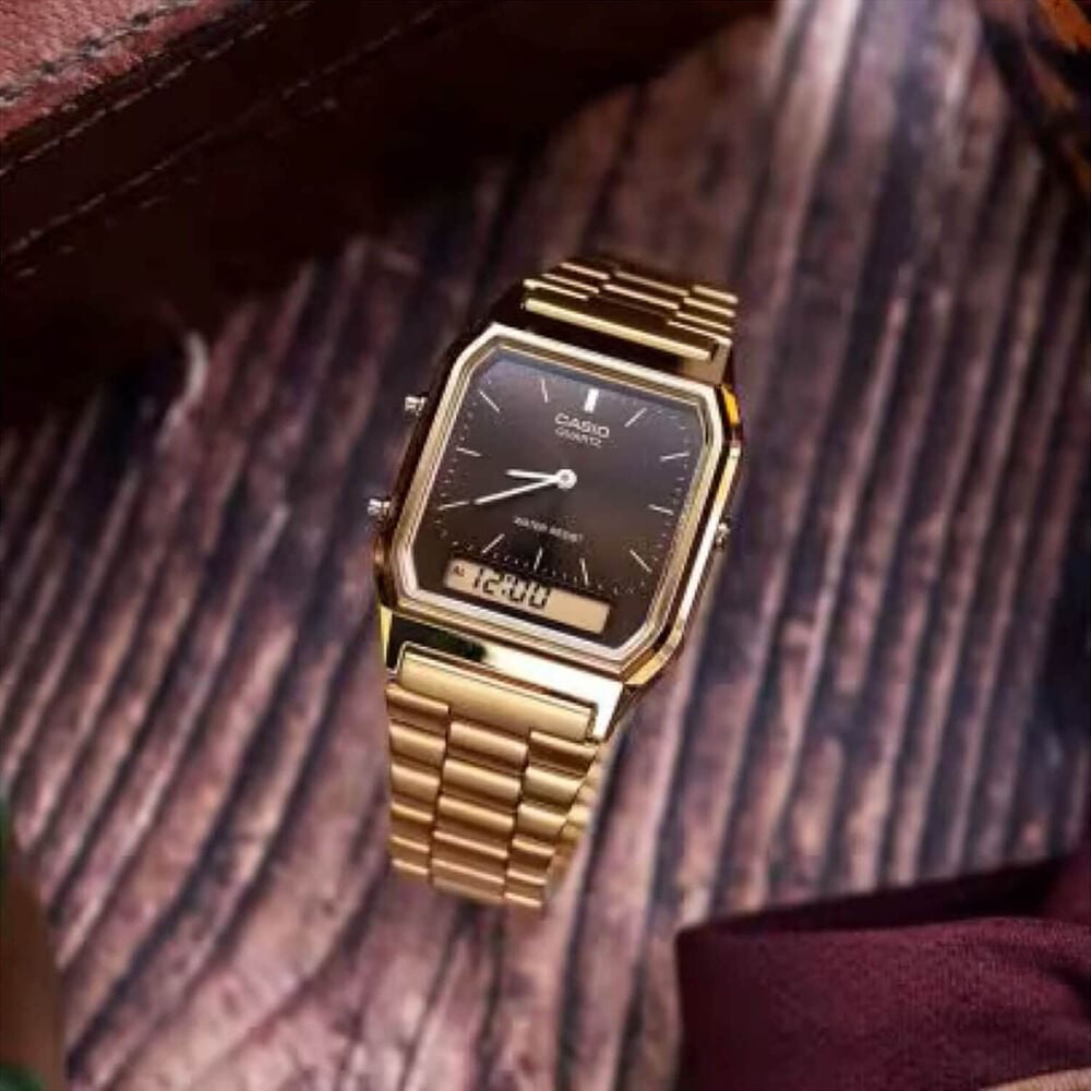 Casio Vintage 38.8x29.8mm Brown Dial Dual Display Gold Tone Stainless Steel Bracelet Watch image number 2