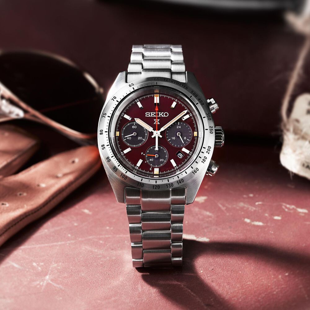 Seiko Prospex Speedtimer European Exclusive Factory Red 39mm Dial Steel Bracelet Watch image number 4