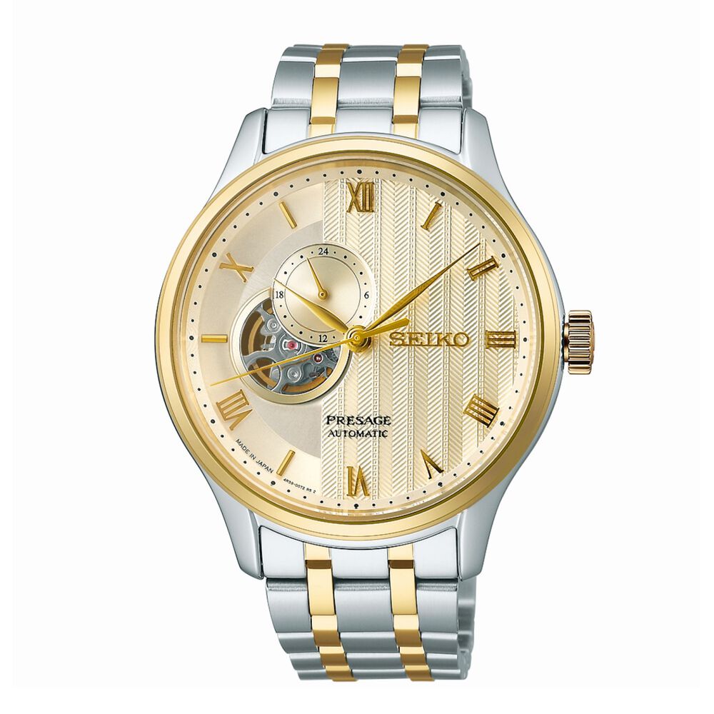 Seiko Presage 'Japanese Zen Gardens' 41.8mm Fern Gold-Toned Sand Dial Steel Bracelet Watch image number 0
