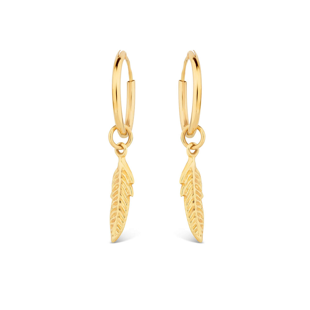 9ct Yellow Gold Feather Motif Small Hoop Earrings