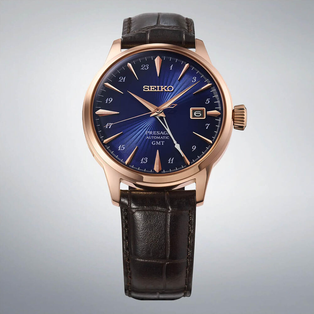 Seiko Presage Cocktail Time &lsquo;Corcovado&rsquo; GMT 40.5mm Blue Dial Black Leather Strap Watch