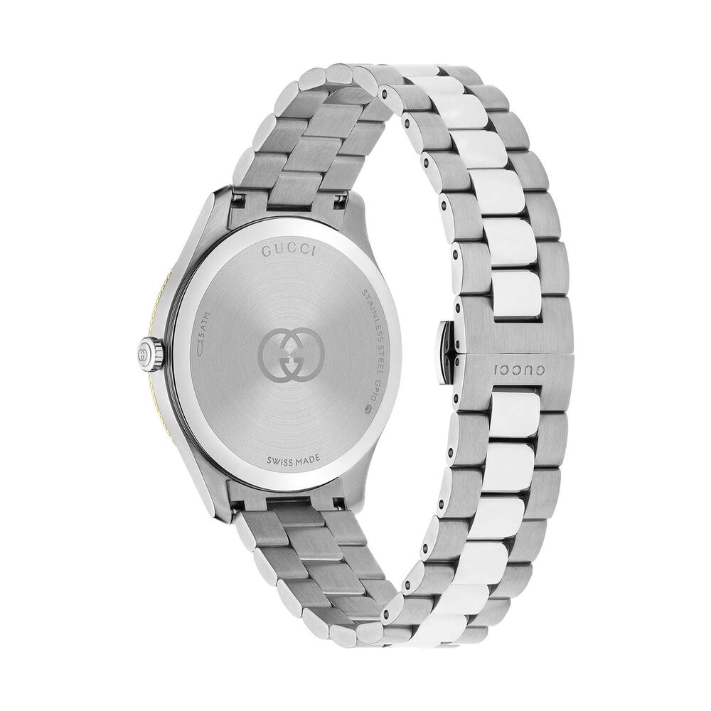 Gucci G-Timeless 38mm Silver Dial Yellow Gold Plated Bezel Stainless Steel Bracelet Watch