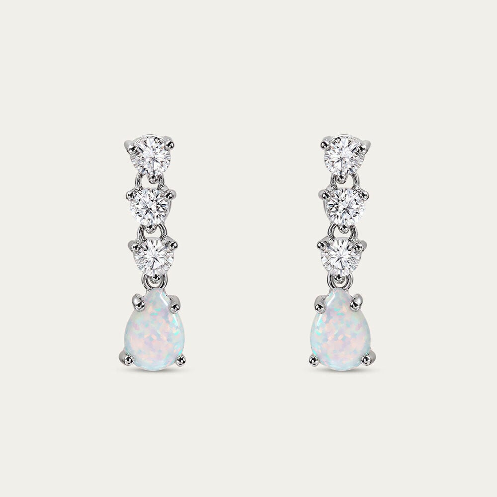 Sterling Silver Pear Opal 3 White Cubic Zirconia Top Drop Earrings
