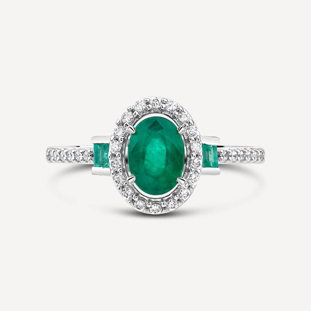 9ct White Gold Oval Emerald Centre & Side 0.20ct Diamond Halo & Shoulders Ring image number 1