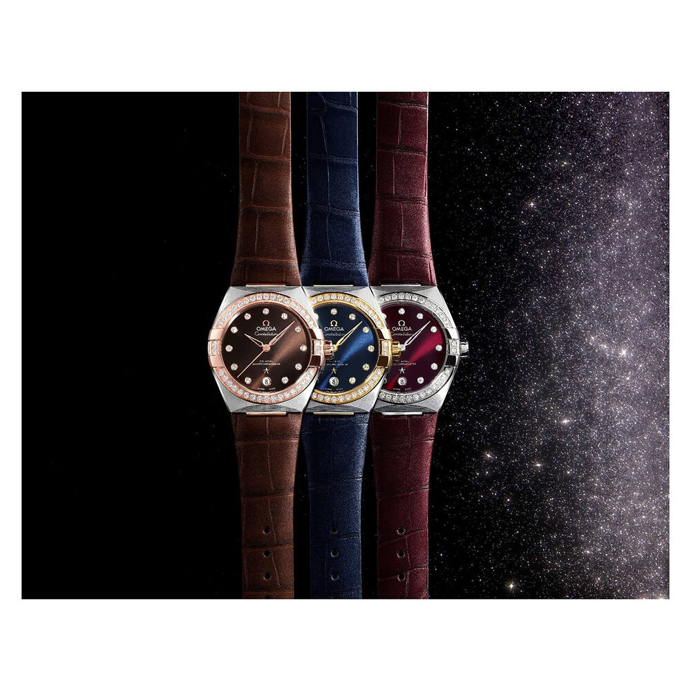 OMEGA Constellation 36mm Burgundy Dial Diamond Set Bezel Red Strap Watch image number 2
