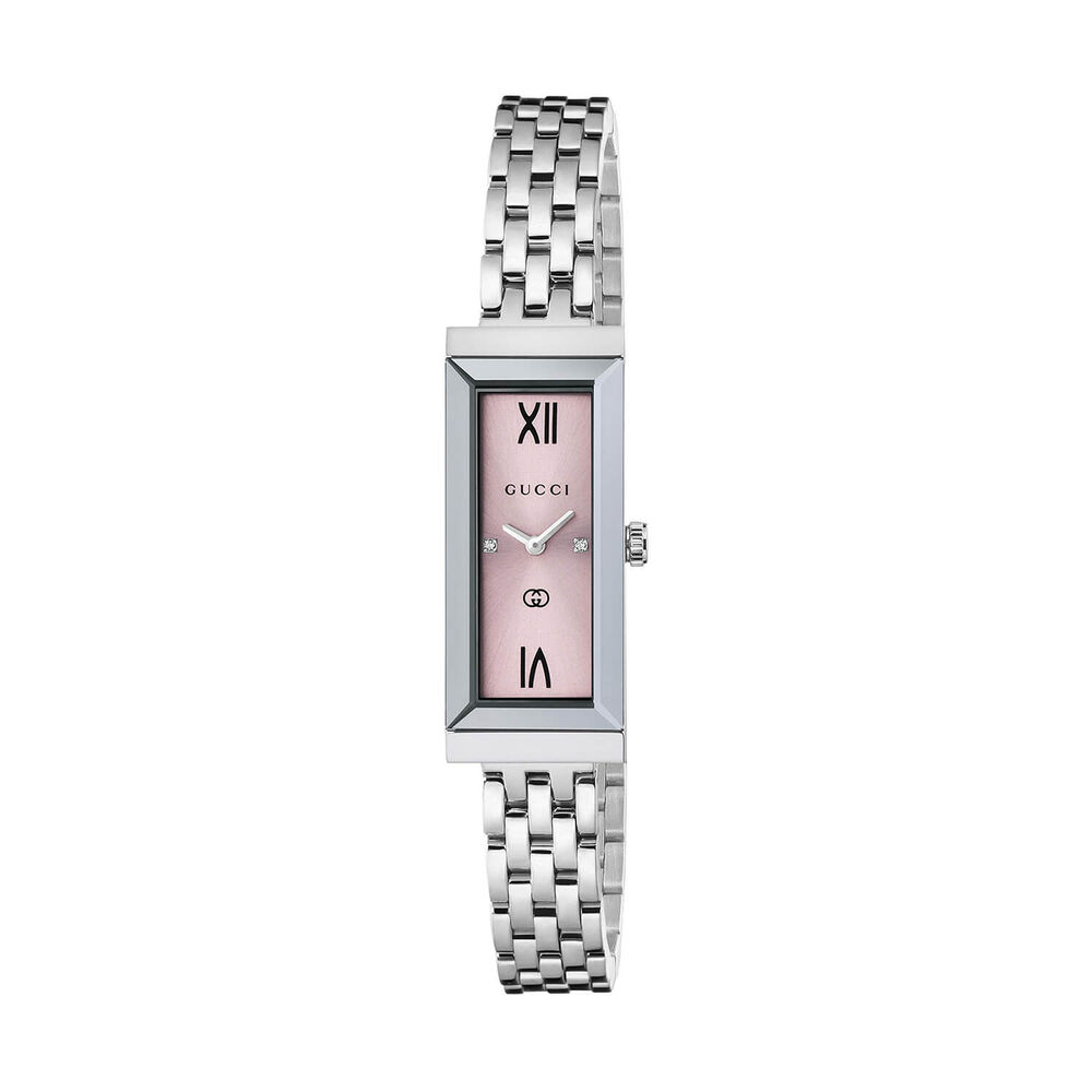 Gucci G-Frame 14x34mm Pink Dial Diamond Dots Stainless Steel Bracelet Watch