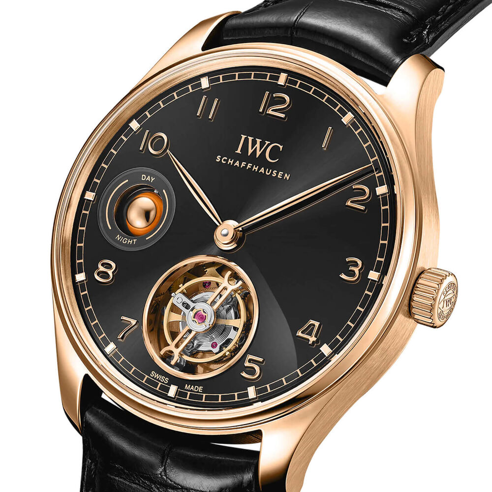 IWC Schaffhausen Portugieser Hand Wound Tourbillon Day & Night 42mm Obsidian Dial Leather Watch image number 1