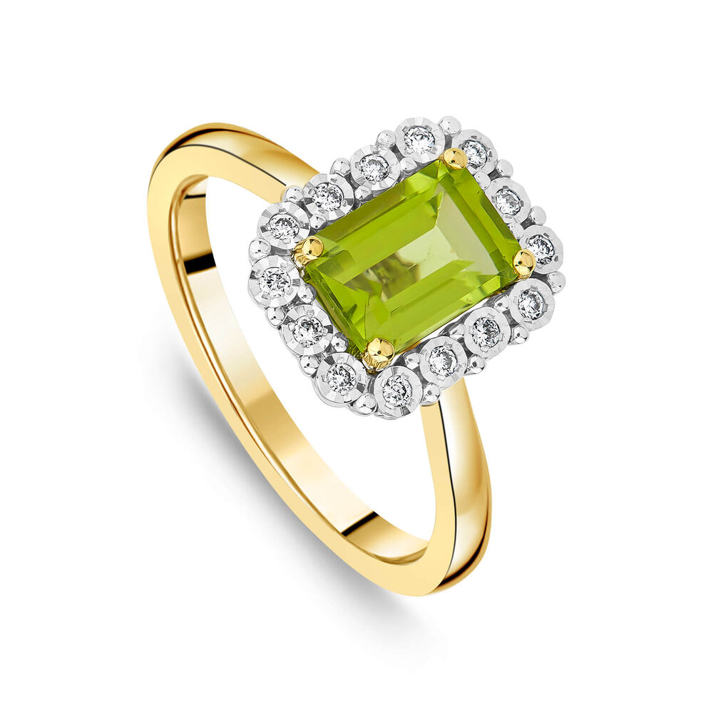 9ct Yellow Gold Rectangular Peridot 0.06ct Halo Diamond Ring