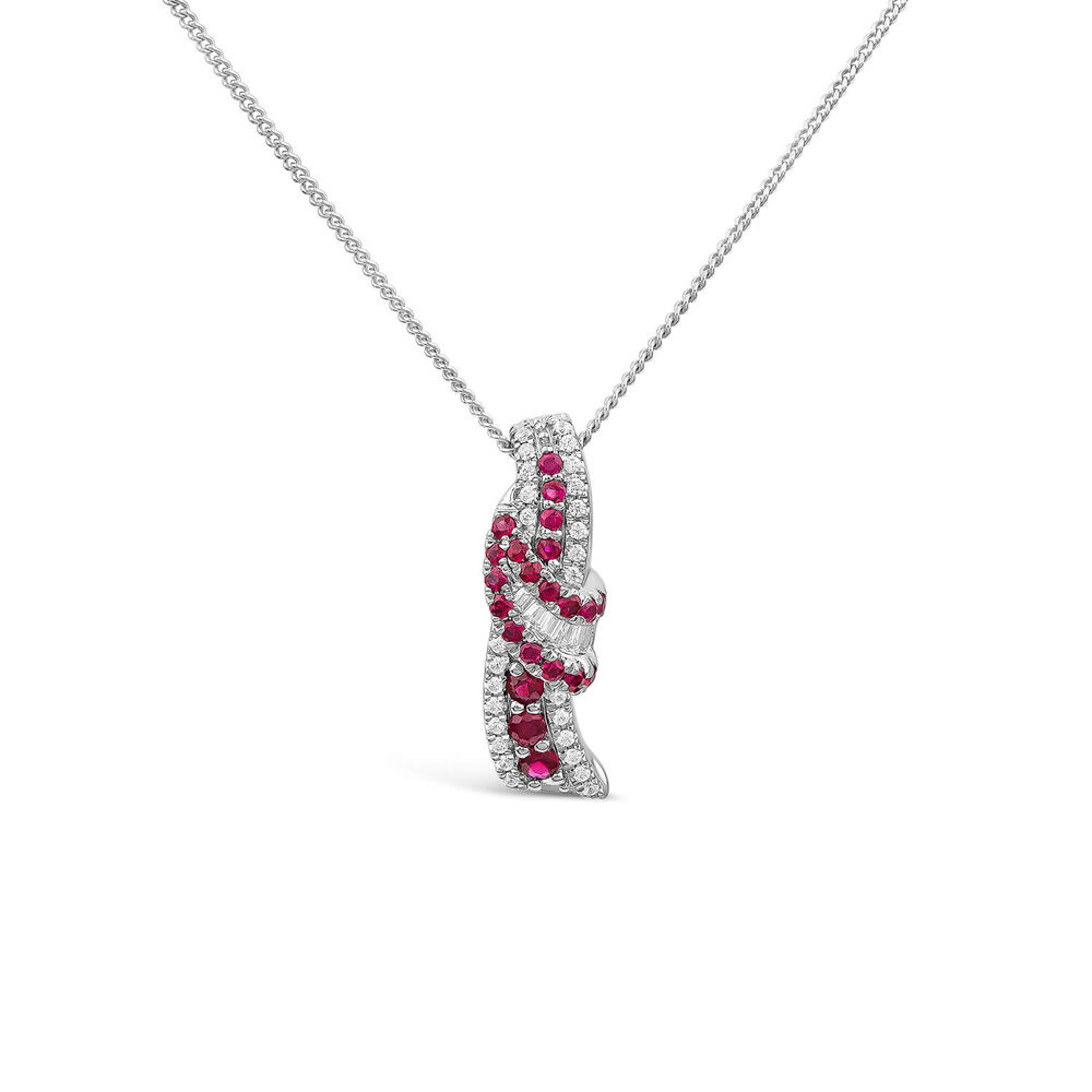 9ct White Gold Ruby & 0.13ct Diamond Baguette Centre Wave Pendant