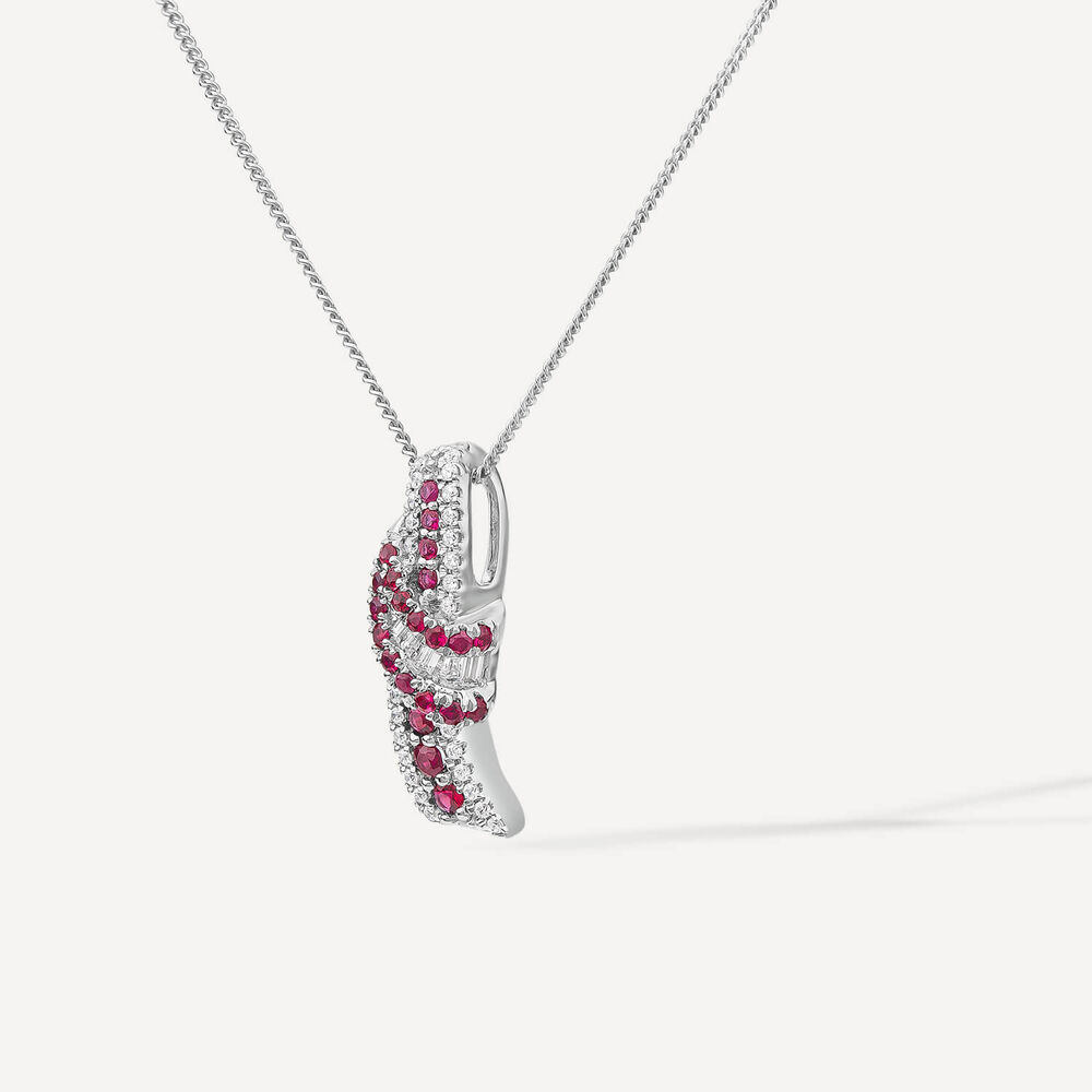 9ct White Gold Ruby & 0.13ct Diamond Baguette Centre Wave Pendant