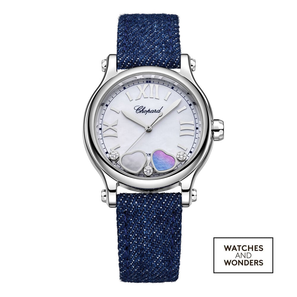Chopard Happy Heart 33mm Mother of Pearl Dial Blue Denim Strap Watch