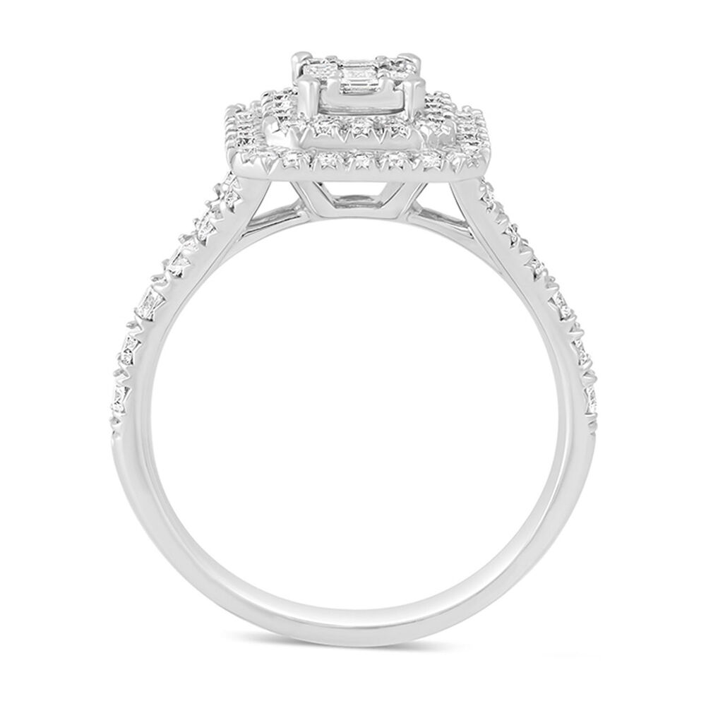 18ct White Gold 1.00 Carat Baguette and Round Brilliant Diamond Halo Cluster Ring image number 3