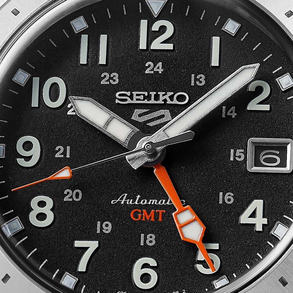 Seiko 5 Sports Field 'Deploy' Mechanical GMT 39.4mm Black Dial Steel Bracelet Watch image number 1