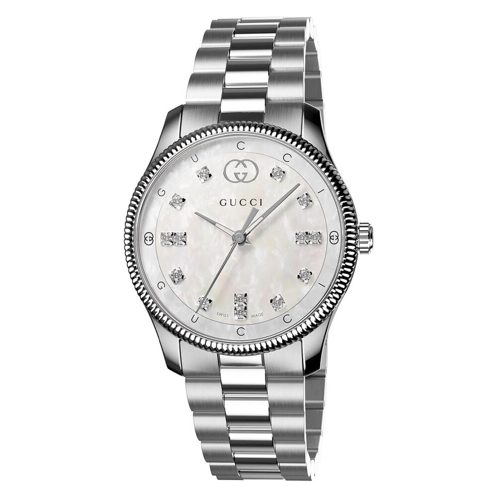 Gucci G-Timeless Quartz 29mm White MOP Dial Diamond Dots Steel Bracelet Watch image number 0