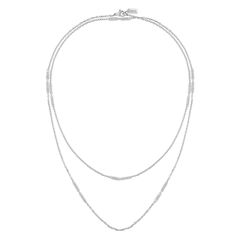 Ladies BOSS Laria Stainless Steel Logo & Crystal Necklace image number 2