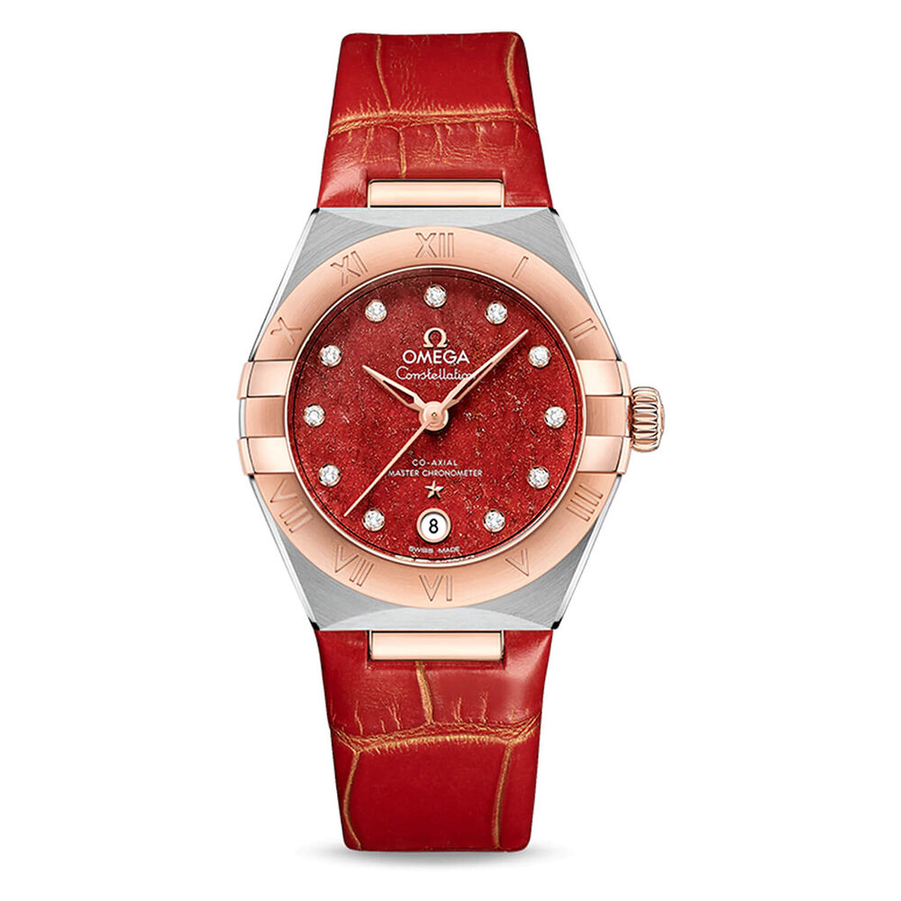 Omega Constellation 29mm Red Dial & Strap Rose Gold Bezel Watch