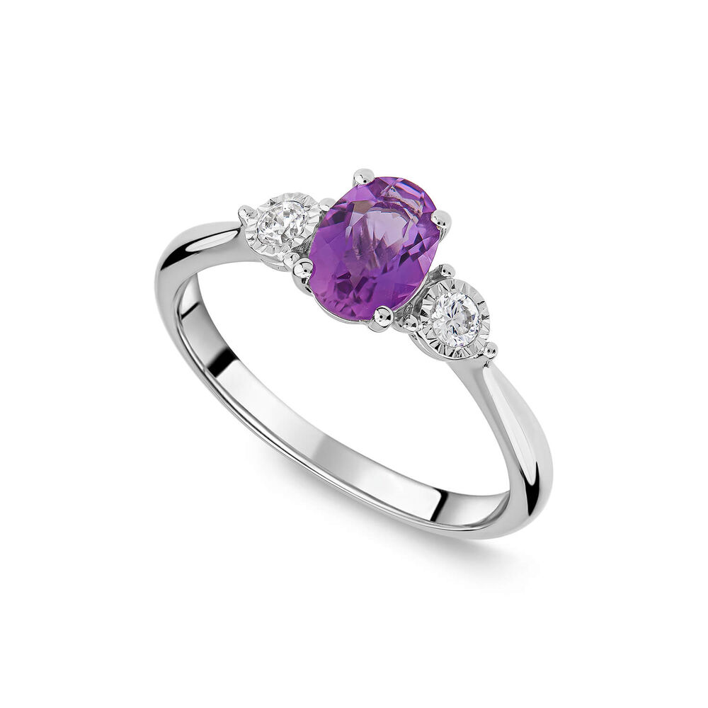 9ct White Gold Oval Amethyst 0.12ct Diamond Sides Ring image number 0